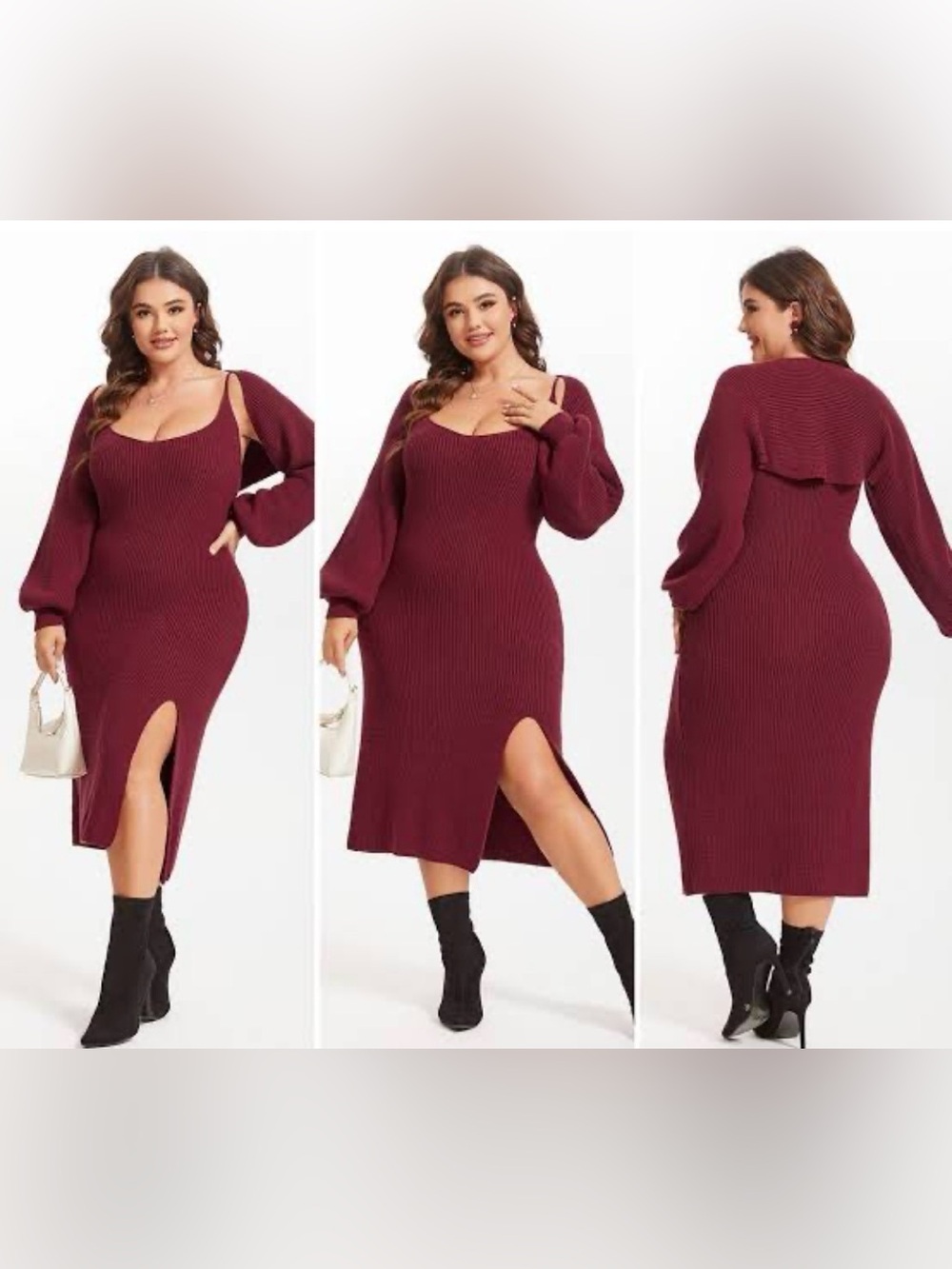 CIDER SET Plum Ribbed Knit Midi Dress with Side Slit WITH SMALL JACKET SIZE 2XL